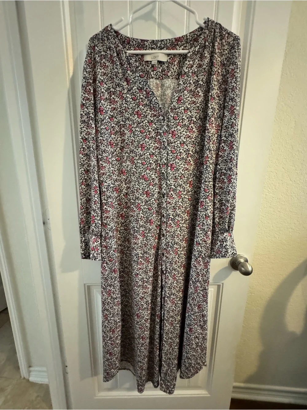 LOFT Pink, White and Black Floral Button-Front Midi Dress